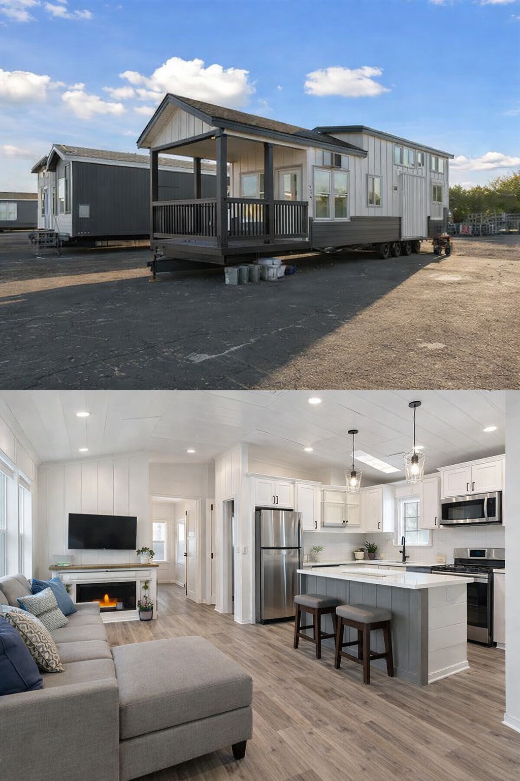 Luxury modern farmhouse park model tiny house on wheels featuring a dual-tone charcoal and white board and batten exterior with a spacious covered front porch, paired with a bright open-concept interior showcasing vaulted shiplap ceilings, a contemporary kitchen with a grey center island and stainless steel appliances, and a cozy living area with a built-in fireplace and large windows for maximum natural light.