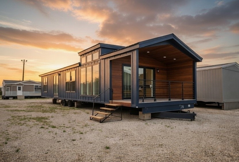 Modern luxury navy blue farmhouse-style park model tiny home exterior at sunset, featuring a premium board and batten facade, a spacious covered front porch with natural wood siding accents, and a large black-framed sliding glass door entrance. The high-end architectural design showcases energy-efficient floor-to-ceiling windows, sleek clerestory lighting, and a durable metal gabled roof, all set on a professional multi-axle mobile chassis. This professional "full rank" SEO-optimized small-space living solution highlights exceptional curb appeal and contemporary craftsmanship, making it an ideal showcase for custom-built luxury vacation retreats, stylish backyard accessory dwelling units (ADU), or upscale prefab cabins designed for maximum style and modern functional elegance.