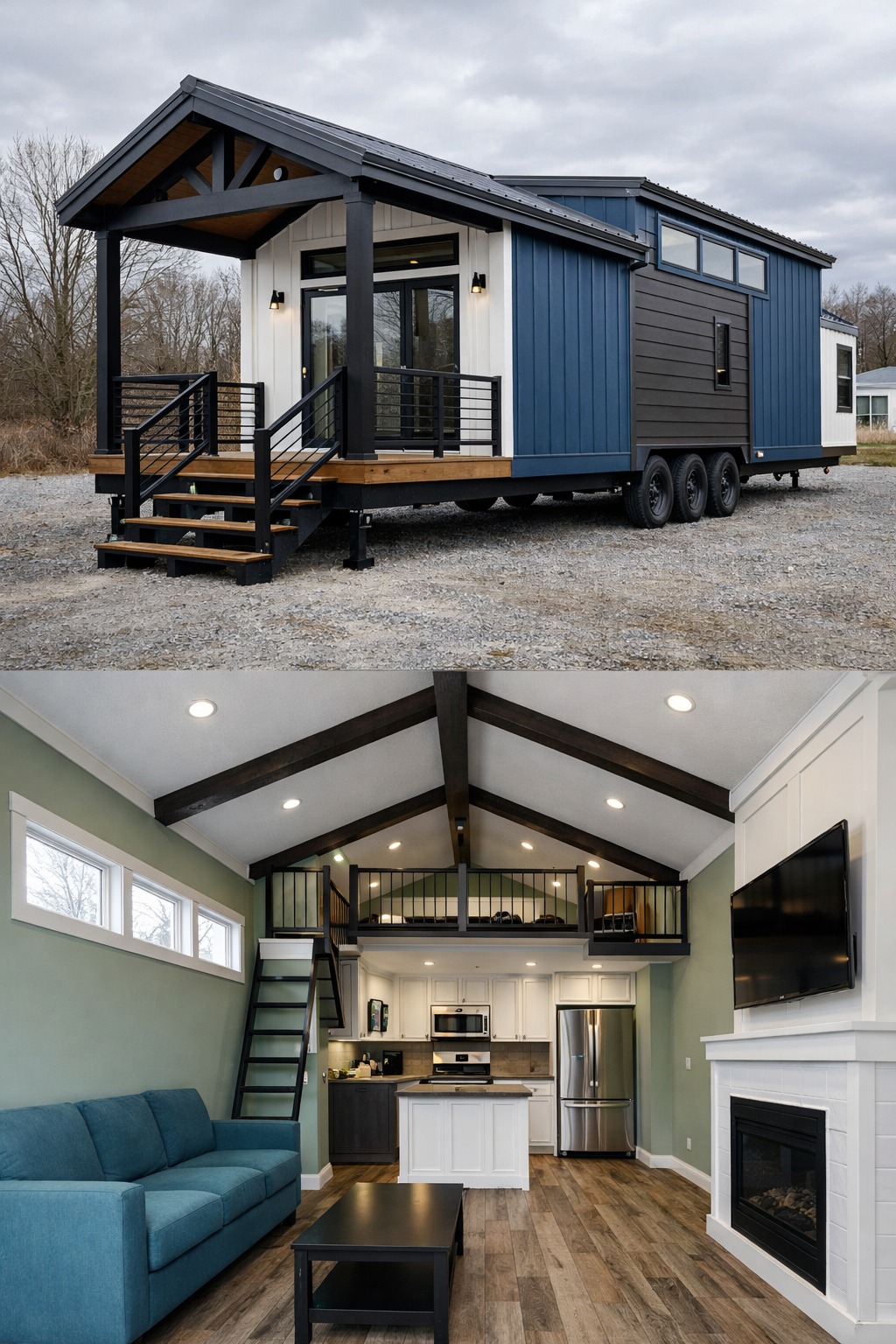 Modern luxury tiny home for sale featuring a dual-view showcase of a sophisticated navy blue and charcoal grey board and batten exterior with a large gabled front porch, alongside a bright open-concept interior including a teal sofa, a high-end white shaker kitchen with stainless steel appliances, and a space-saving sleeping loft with black metal safety railings under a vaulted ceiling with dark wood timber beams for a high-end move-in ready turn-key residential design.