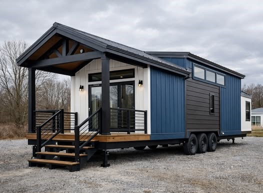Modern luxury tiny home for sale featuring a sophisticated multi-textured exterior with navy blue vertical siding, dark charcoal horizontal planks, and a crisp white recessed entryway, showcasing a large gabled front porch with thick black structural columns, cable railings, and elegant black wall sconces on a heavy-duty triple-axle mobile chassis for a high-end move-in ready turn-key residential living experience.