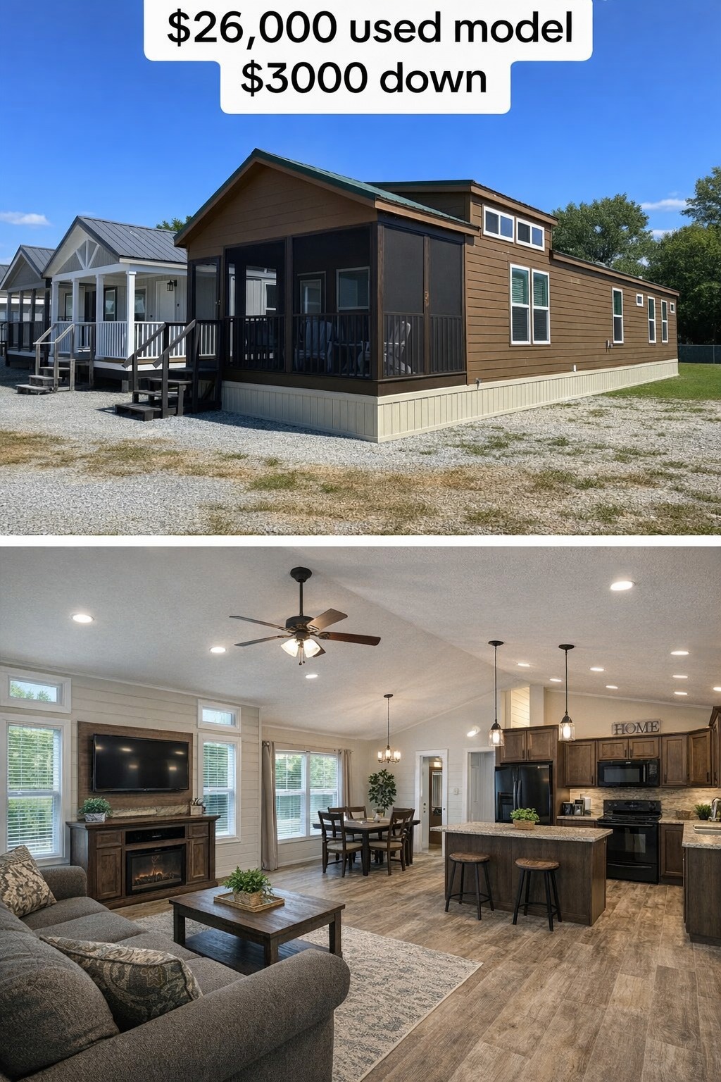 Modern luxury park model home interior featuring a spacious open-concept living area and kitchen with a high vaulted ceiling, rustic exposed wood beams, and a contemporary black ceiling fan. The sophisticated design showcases a plush neutral sectional sofa, a built-in entertainment center with a cozy electric fireplace, and a gourmet kitchen equipped with a large marble-top island, elegant glass pendant lighting, and stainless steel appliances. Expansive floor-to-ceiling windows and clerestory glass flood the room with natural light, highlighting the premium wide-plank flooring and high-end finishes for a perfect "full rank" SEO-optimized prefab living or custom vacation home aesthetic.