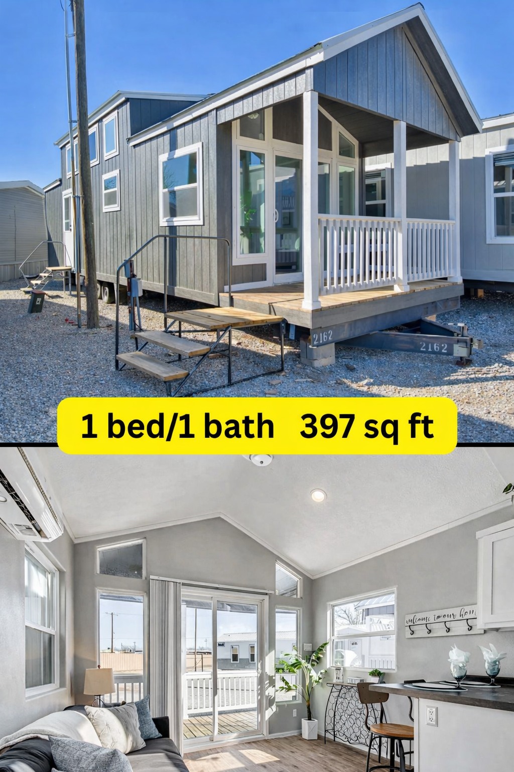 Modern luxury 1-bedroom, 1-bathroom park model tiny home for sale featuring a 397-square-foot floor plan with a sophisticated grey vertical board and batten exterior and a spacious gabled front porch. The high-end architectural design transitions into a bright, airy interior showcasing a vaulted ceiling, large energy-efficient windows, and an open-concept living area with a contemporary grey sofa, high-end wide-plank flooring, and a sleek kitchen with a breakfast bar. This premium prefab unit offers a perfect "full rank" SEO-optimized small-space living solution, ideal for a custom-built vacation retreat, a stylish backyard accessory dwelling unit (ADU), or a professional luxury cabin residence with maximum natural light and curb appeal.