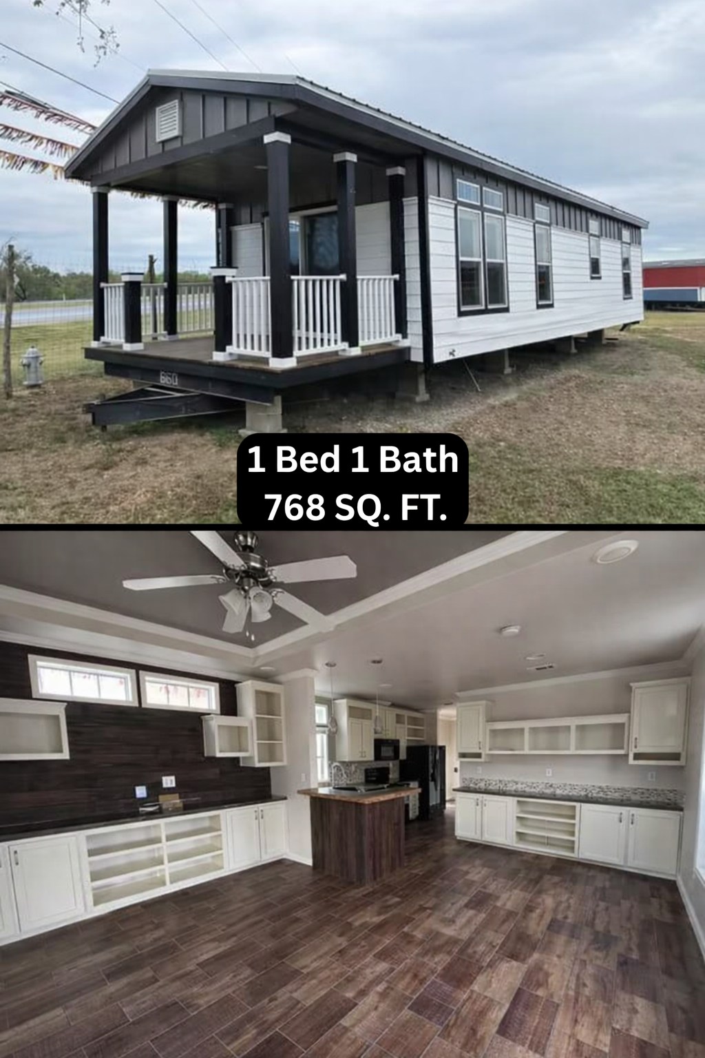 Modern luxury 1-bedroom, 1-bathroom tiny home for sale featuring a 768 sq. ft. dual-view showcase of a sophisticated charcoal grey and white board and batten exterior with a large gabled front porch, alongside a bright open-concept interior including a high-end white shaker-style cabinetry system with a dark wood-plank accent wall and premium wood-look tile flooring under a tray ceiling for a 100% move-in ready turn-key residential design.