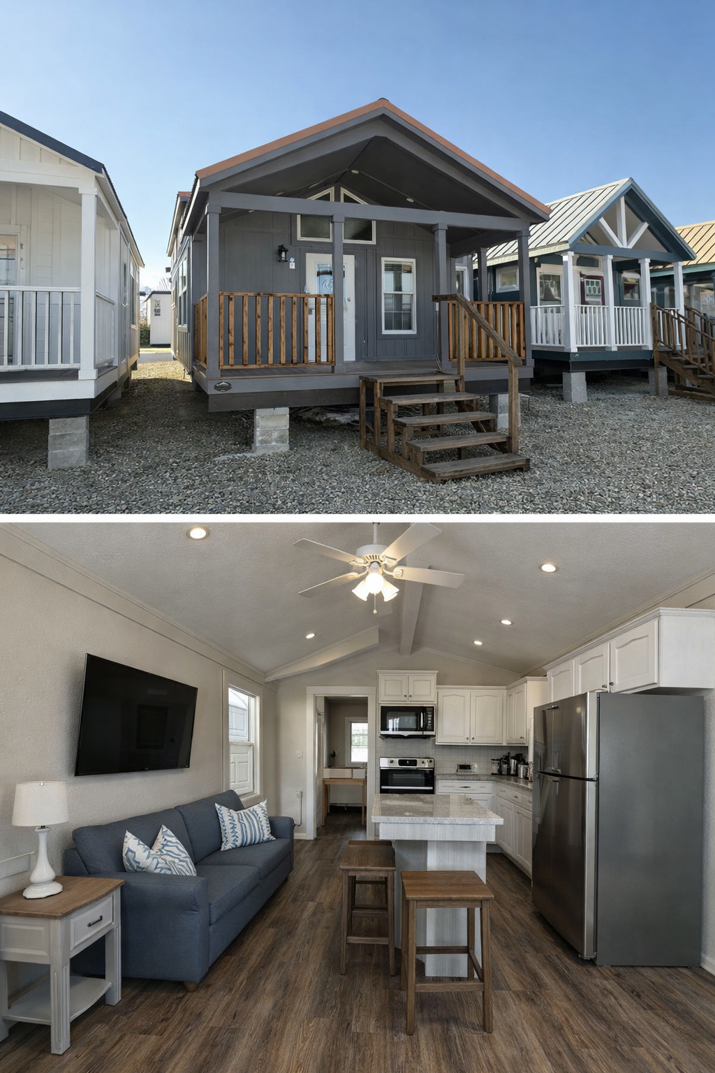 Compact gray tiny house with a porch, next to similar houses. Inside features a cozy living area, kitchenette, and modern decor, evoking simplicity.