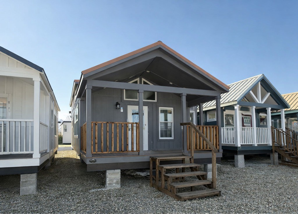 A row of small, elevated gray cabins on a gravel lot with wooden railings and steps. The sky above is clear, conveying a calm, sunny day.