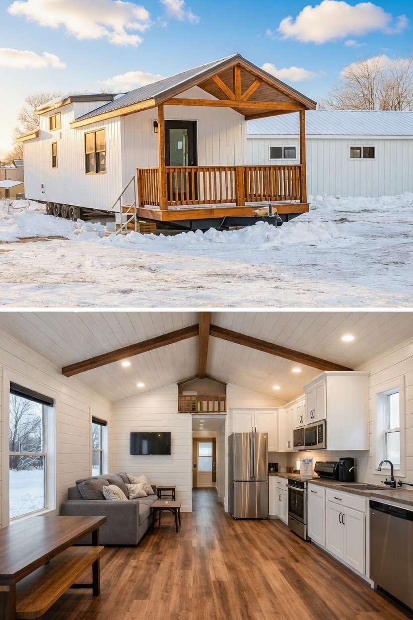 This image showcases a charming tiny house on wheels, featuring a pristine white exterior with vertical siding, a rustic wooden-beamed gabled roof, and a welcoming covered porch with a wooden railing and door, all situated in a picturesque snowy landscape under a bright blue sky, with the interior revealing a modern and cozy living space with a gray sofa, a wooden dining table, a well-equipped white kitchen with stainless steel appliances, and a lofted sleeping area, all enhanced by warm wood accents and ample natural light.