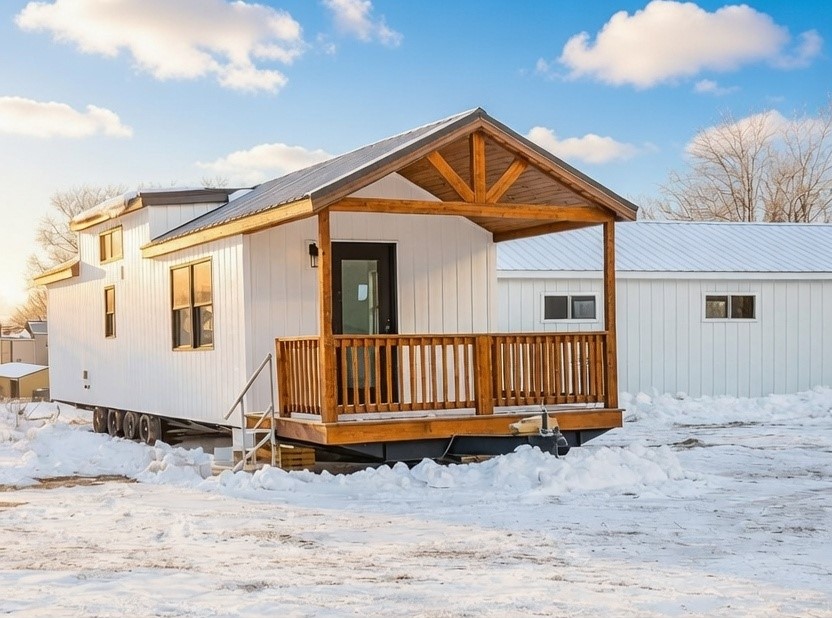 Modern tiny house on wheels with white vertical siding, a gabled roof with wooden beams, a covered porch with a wooden railing and door, set against a snowy landscape with a bright blue sky.