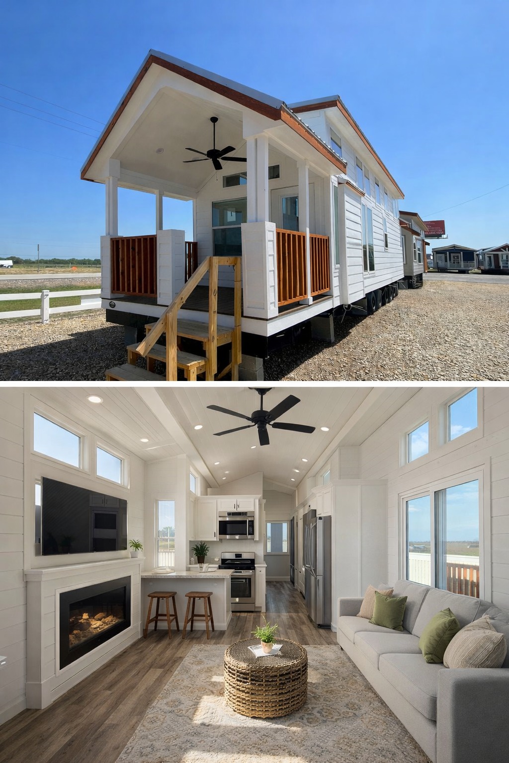 A modern tiny house with a white exterior and front porch under a blue sky. The interior features bright, open space with a cozy living area, kitchen, and fireplace.