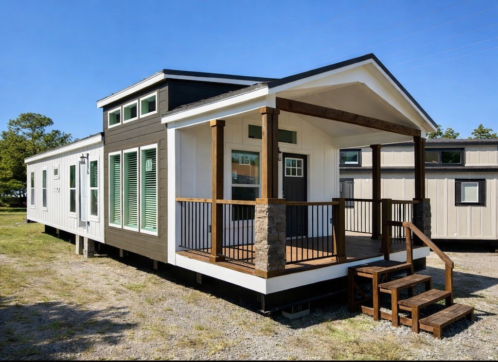 Modern tiny house with large windows, white siding, and a wooden front porch. The sunny day and blue sky create a cheerful and inviting atmosphere.