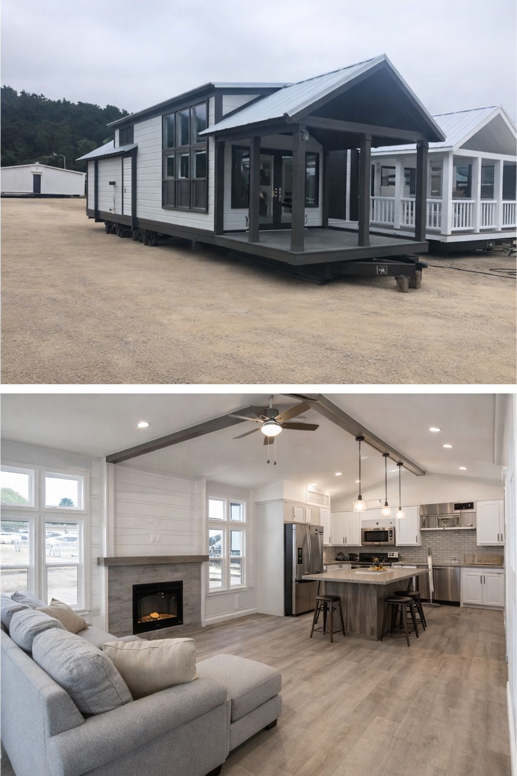 Modern gray and white tiny home on wheels with a covered porch and large windows, showcasing an open-concept interior with a cozy living area featuring a fireplace, a stylish kitchen with an island, and a vaulted ceiling with exposed beams, offering a perfect blend of outdoor charm and indoor comfort for sale.