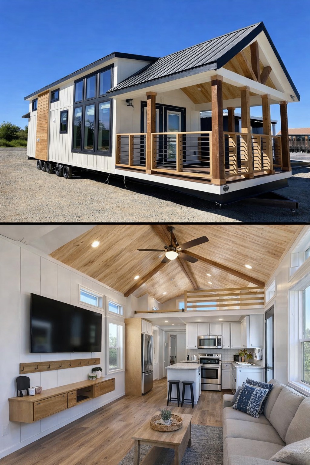A modern tiny house on wheels with a porch and large windows is shown. The interior features a cozy, stylish design with a loft, kitchen, and living area.
