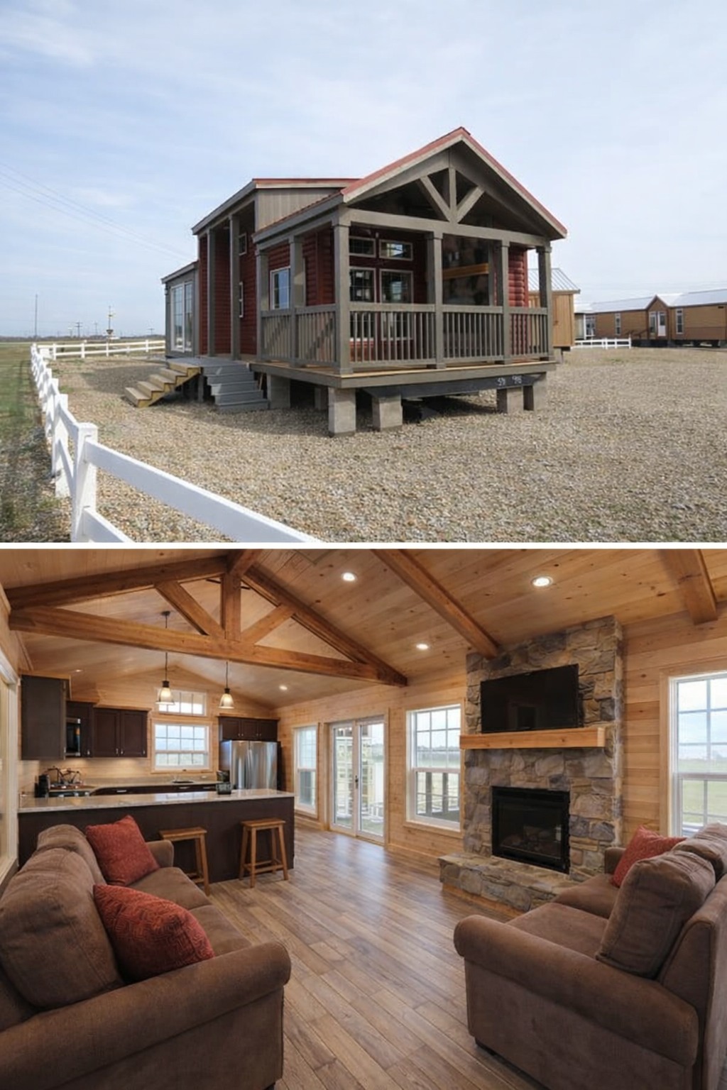 Alt text: "A compact wooden house with a front porch and white fencing, displayed above a cozy interior featuring wooden beams, a stone fireplace, brown sofas, and an open kitchen with a modern design. The space is warm and inviting."