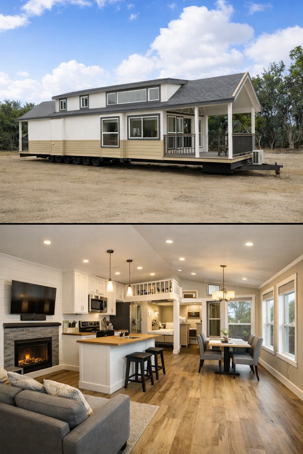 Exterior of a beige mobile tiny house set in a barren area, with a modern, cozy interior featuring a kitchen, dining area, and living space.