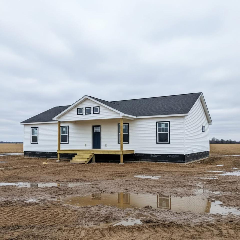 A newly constructed white single-story house with a dark roof sits on a muddy field under a cloudy sky. The front porch has steps, and puddles are visible on the ground.