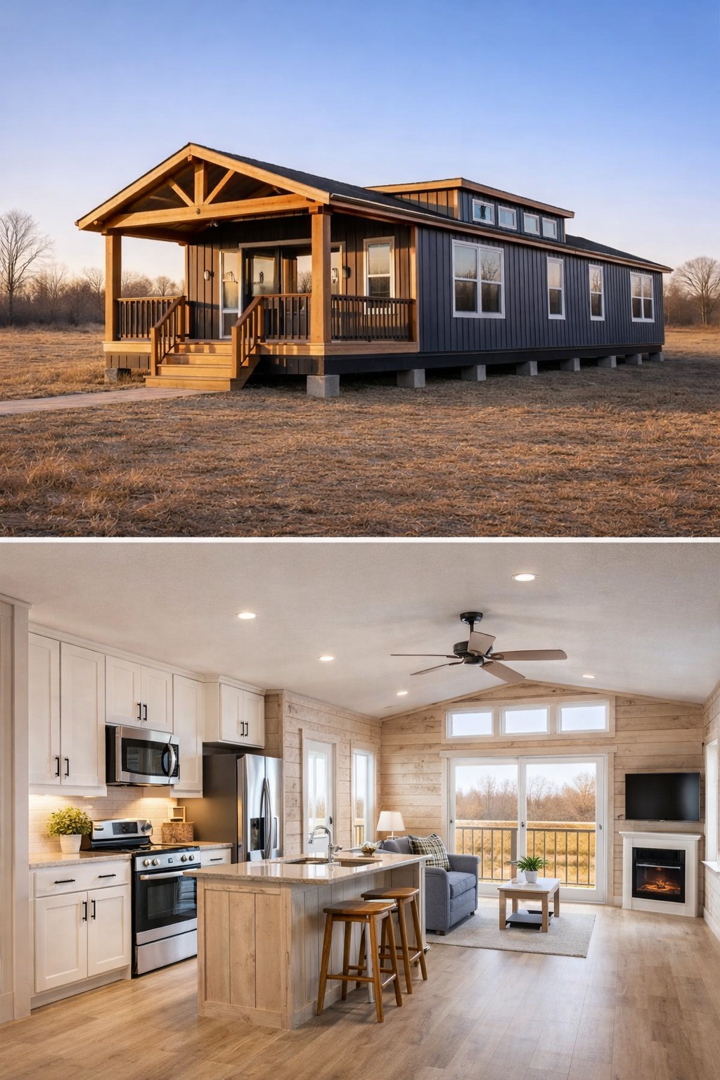 Rustic cabin exterior with wooden porch in an open field under a clear sky; cozy modern interior features a kitchen, island, and living area with a fireplace.