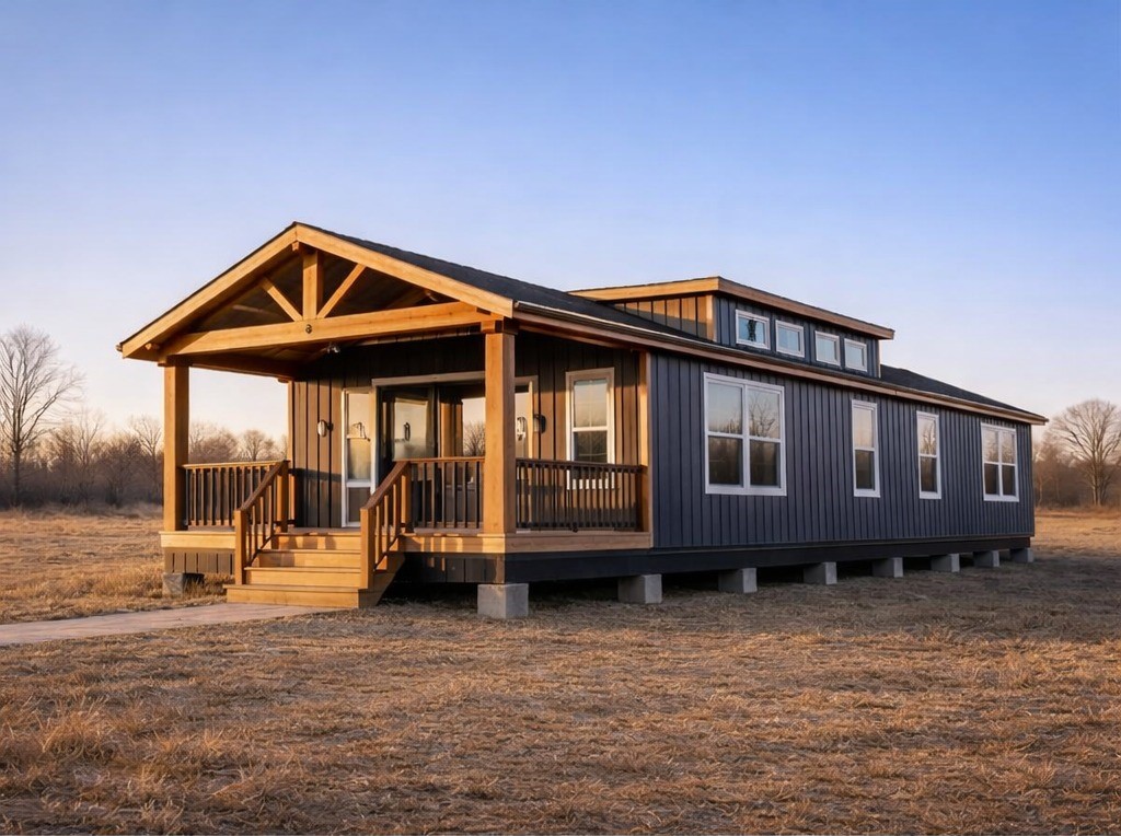 A modern, elevated tiny house with a wooden porch sits on open, dry grassland under a clear blue sky, conveying a tranquil, rural setting.