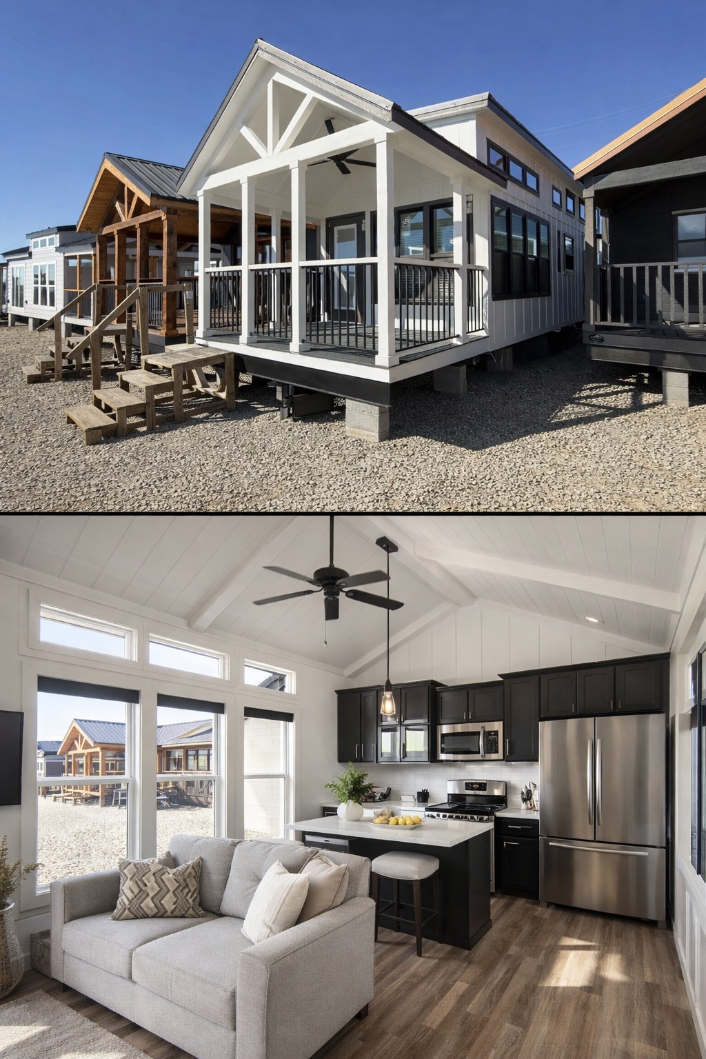 Top image: Modern tiny house with a white porch, set on gravel. Bottom image: Bright interior featuring a cozy sofa, sleek black kitchen, and large windows.