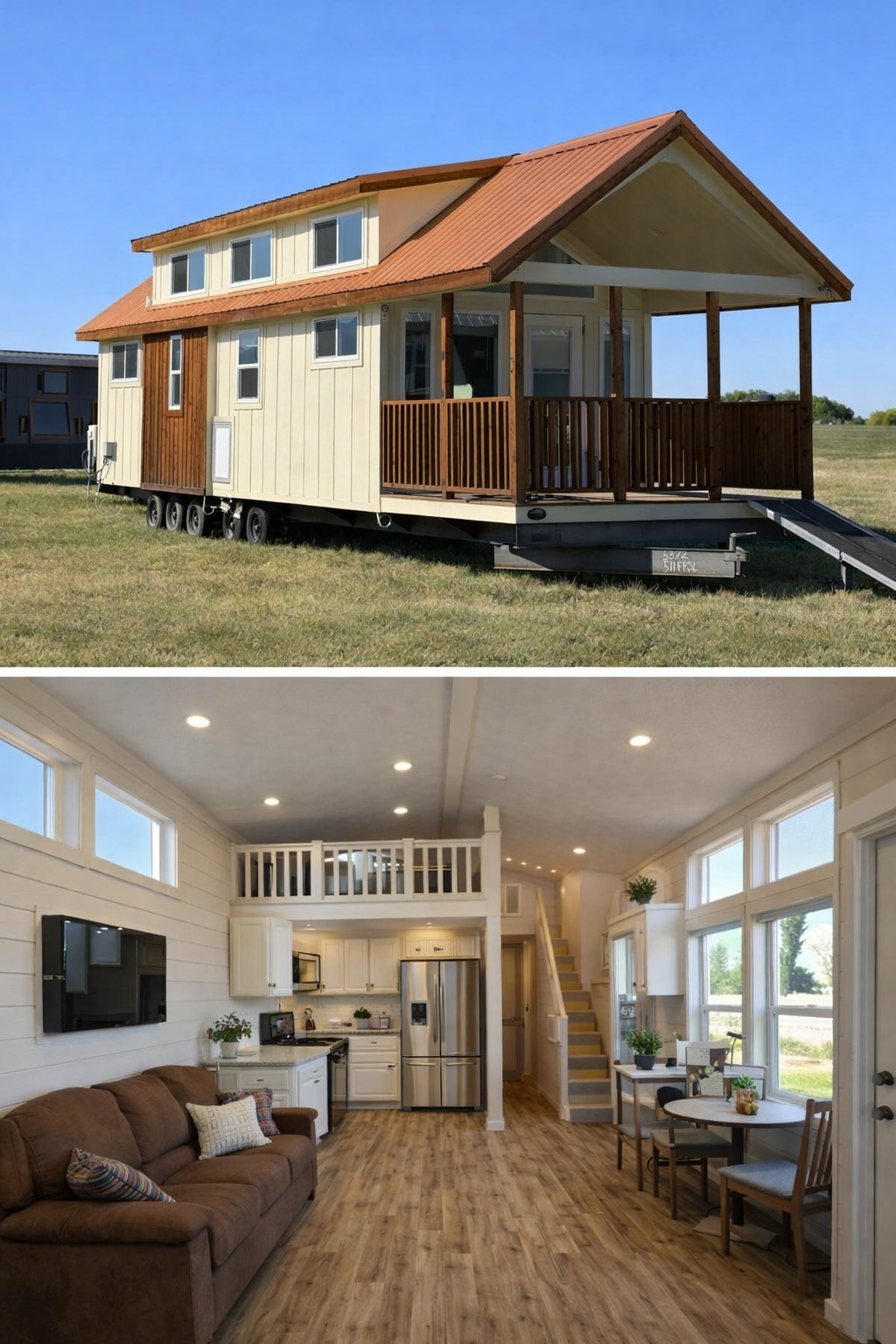 A cozy, beige tiny house with a porch on wheels sits in a grassy field. The bright interior features a living area, kitchen, loft, and dining table.