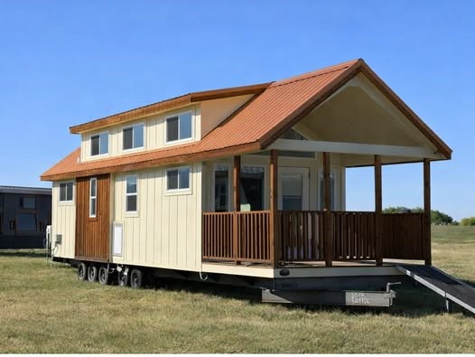A beige and brown tiny house on wheels sits on a grassy field under a clear blue sky. It features a pitched roof and a small front porch.
