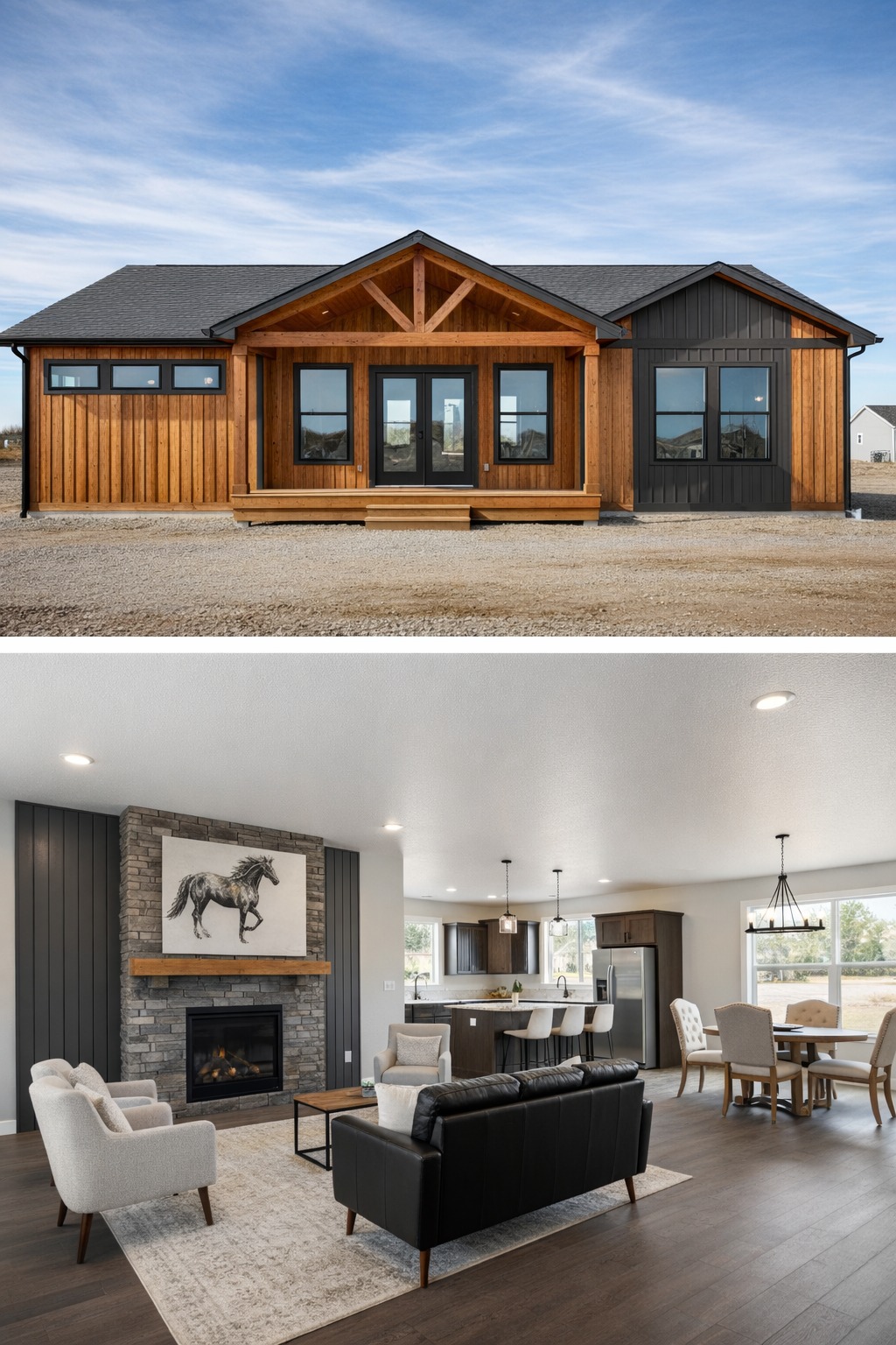 Modern house exterior featuring wood and dark paneling. Inside, a cozy living area with a stone fireplace, elegant furniture, and bright kitchen.