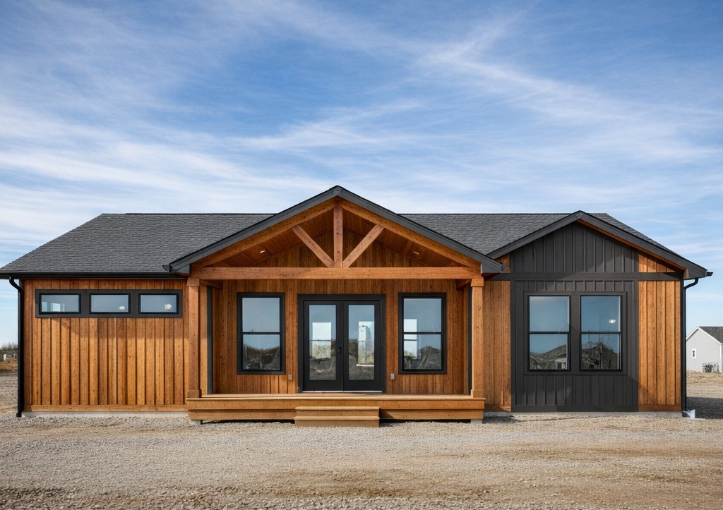 Single-story house with a mix of wood and dark siding, under a blue sky with light clouds. Features a central gable, large windows, and double doors.