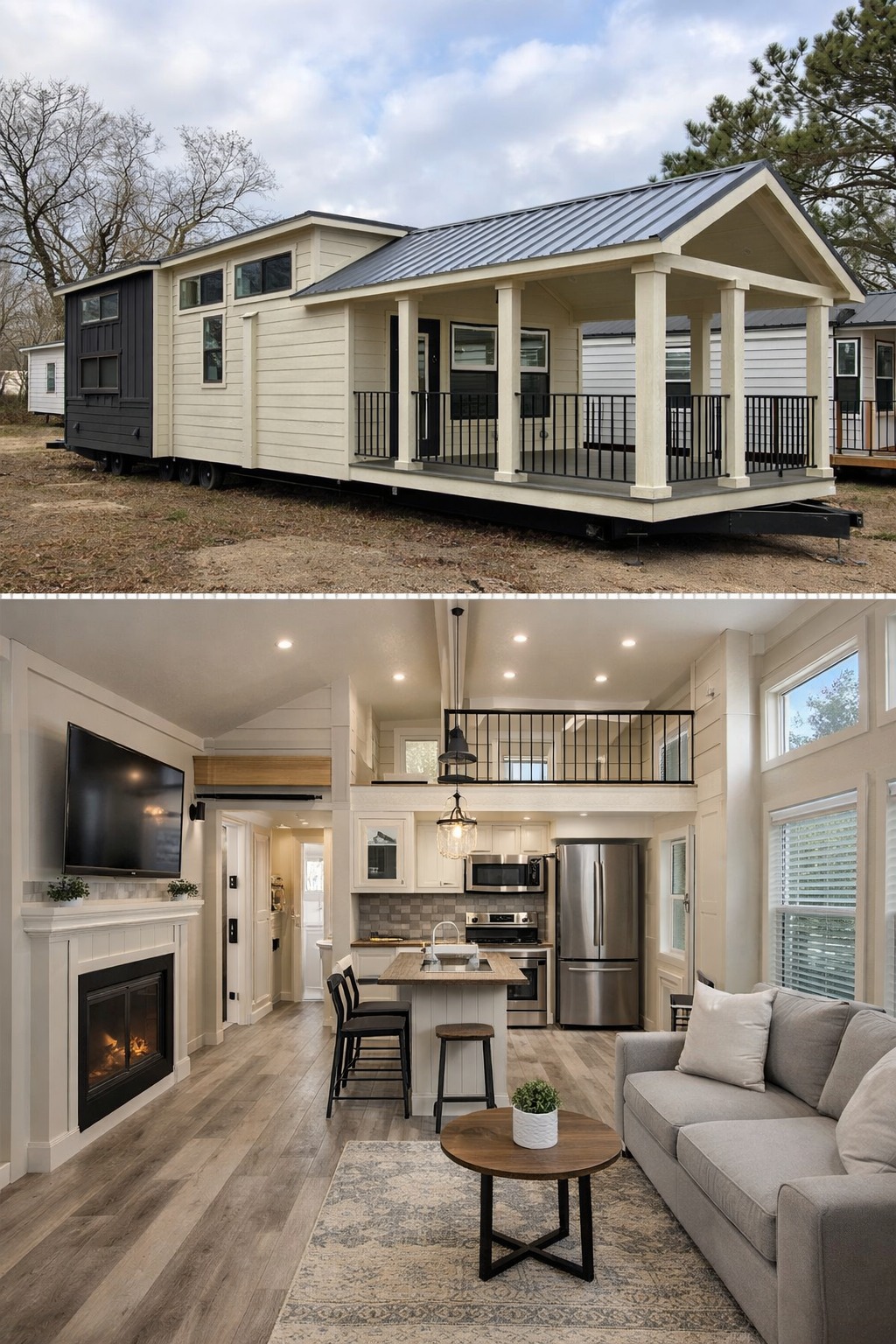 A cozy modern tiny house with a porch, light siding, and dark roof. The interior features a bright living area with a fireplace, loft, kitchen, and sofa.