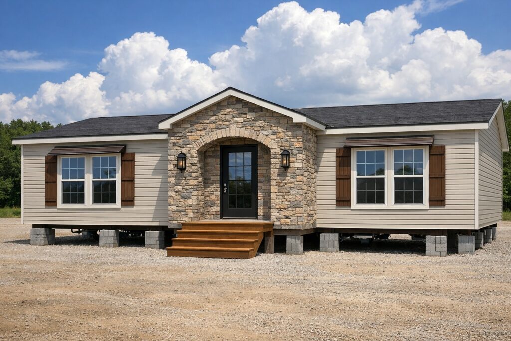 Beautiful completed modular ranch-style home exterior with stone-accented arched entryway, black grid-pattern front door, wooden steps and landing, beige vinyl siding, brown wooden shutters on large double-hung windows, gable roof with dark asphalt shingles, black lantern sconces, raised foundation on concrete block piers, spacious single-story manufactured bungalow facade under bright blue sky with fluffy white clouds