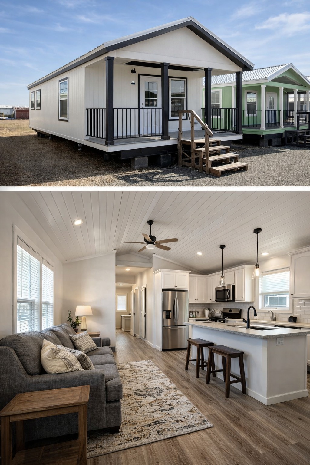 Modern tiny house exterior with a gabled roof and small porch, next to a cozy interior featuring a sleek kitchen and a comfortable living area.