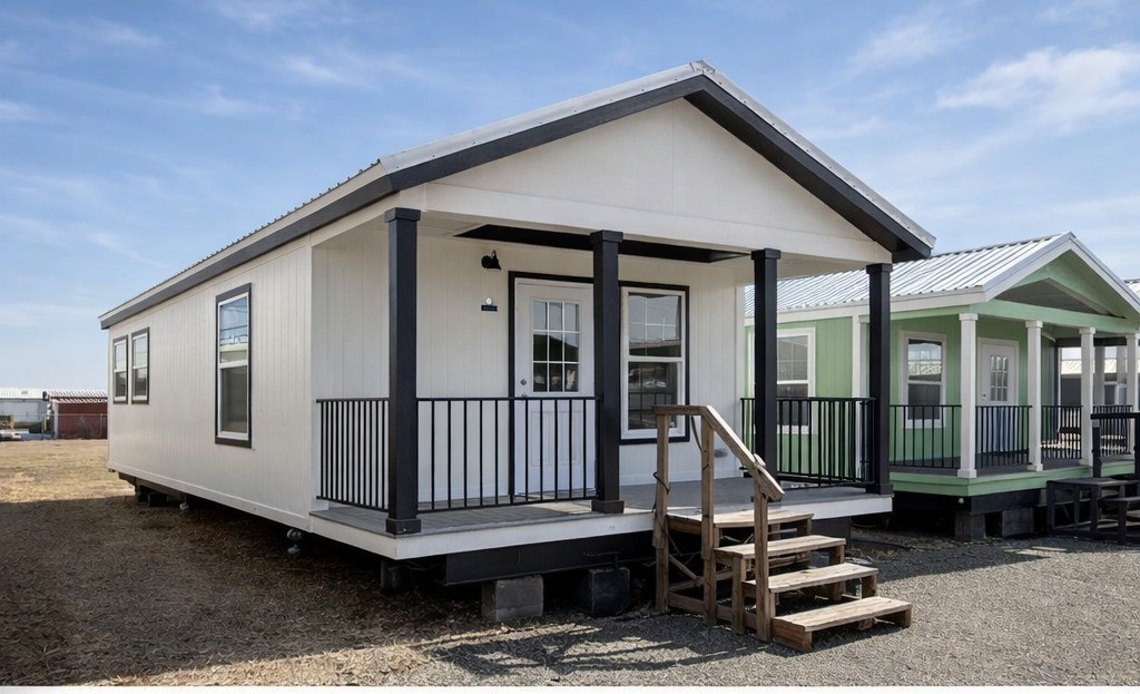 A small, white modular home with a front porch, black railing, and wooden steps stands on a gravel lot under a clear blue sky. Adjacent is a green home.