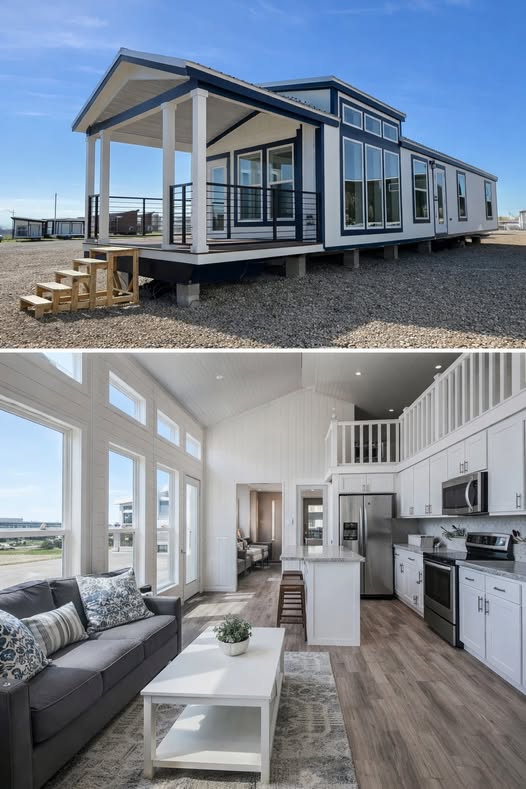 A modern tiny house on a gravel lot with large windows and a porch. Interior features include an open floor plan, bright living room, and sleek kitchen.