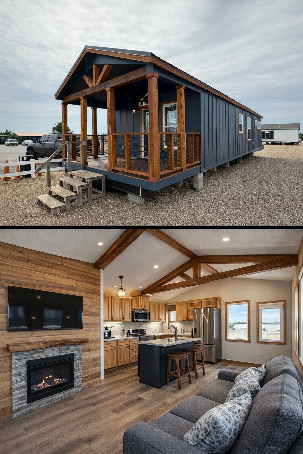 Alt text: "A modern tiny house with a wooden porch, blue exterior, and metal roof sits on gravel. Inside, a cozy living area features wooden beam ceilings, a stone fireplace, sleek kitchen, and large windows, creating a warm and inviting atmosphere."