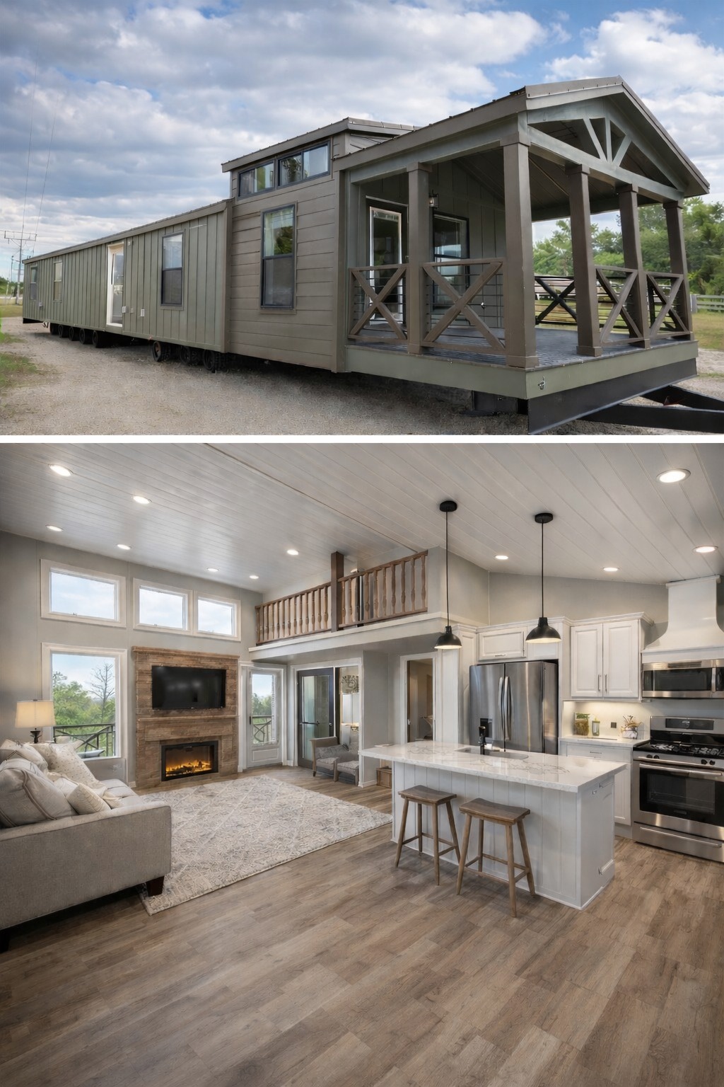 Alt text: "A tiny house exterior with a green wooden facade and porch under a cloudy sky. The interior features a modern open-concept living space with a high ceiling, wood flooring, a kitchen with a white island, pendant lights, stainless steel appliances, a cozy living area with a fireplace, and large windows."