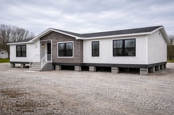 Alt text: A modern white and gray single-story modular home sits elevated on concrete blocks, surrounded by gravel. Overcast sky sets a calm tone.