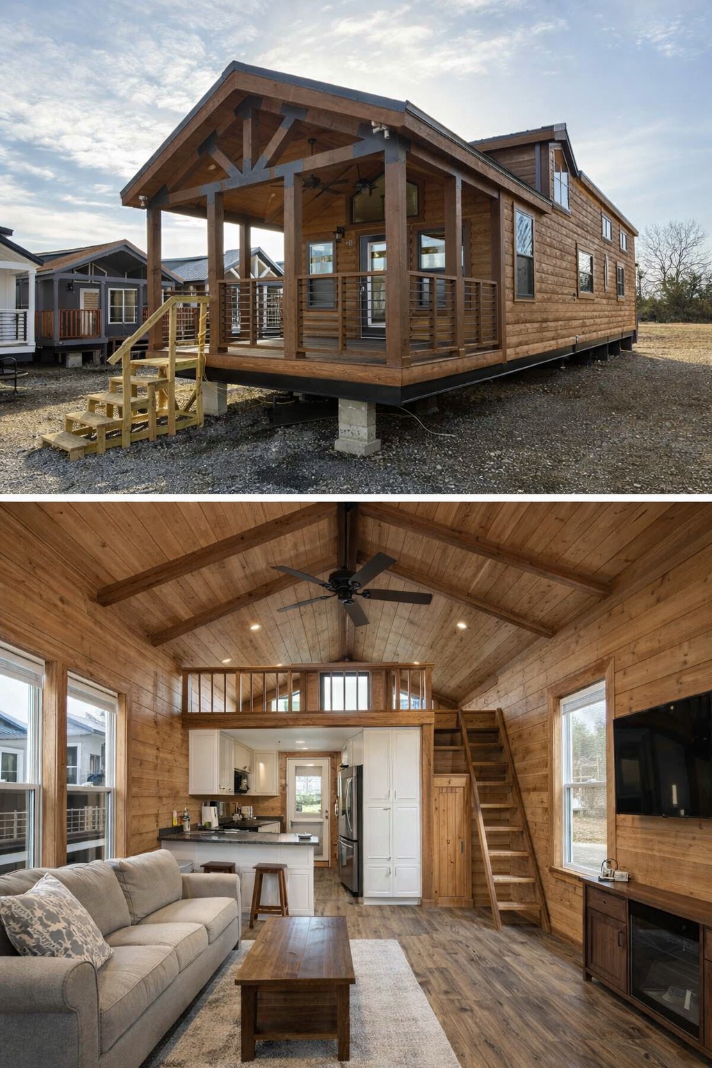 Exterior and interior of a cozy wooden cabin. The front has a porch with a rustic vibe. Inside, a warm living area with a loft, sofa, and a wooden coffee table.