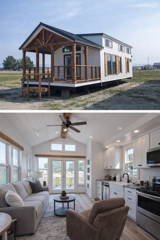 Top image shows a modern tiny house with wood accents and a porch set in a grassy area. Bottom image reveals a cozy, bright interior with a sofa, armchair, and a kitchen featuring white cabinets.