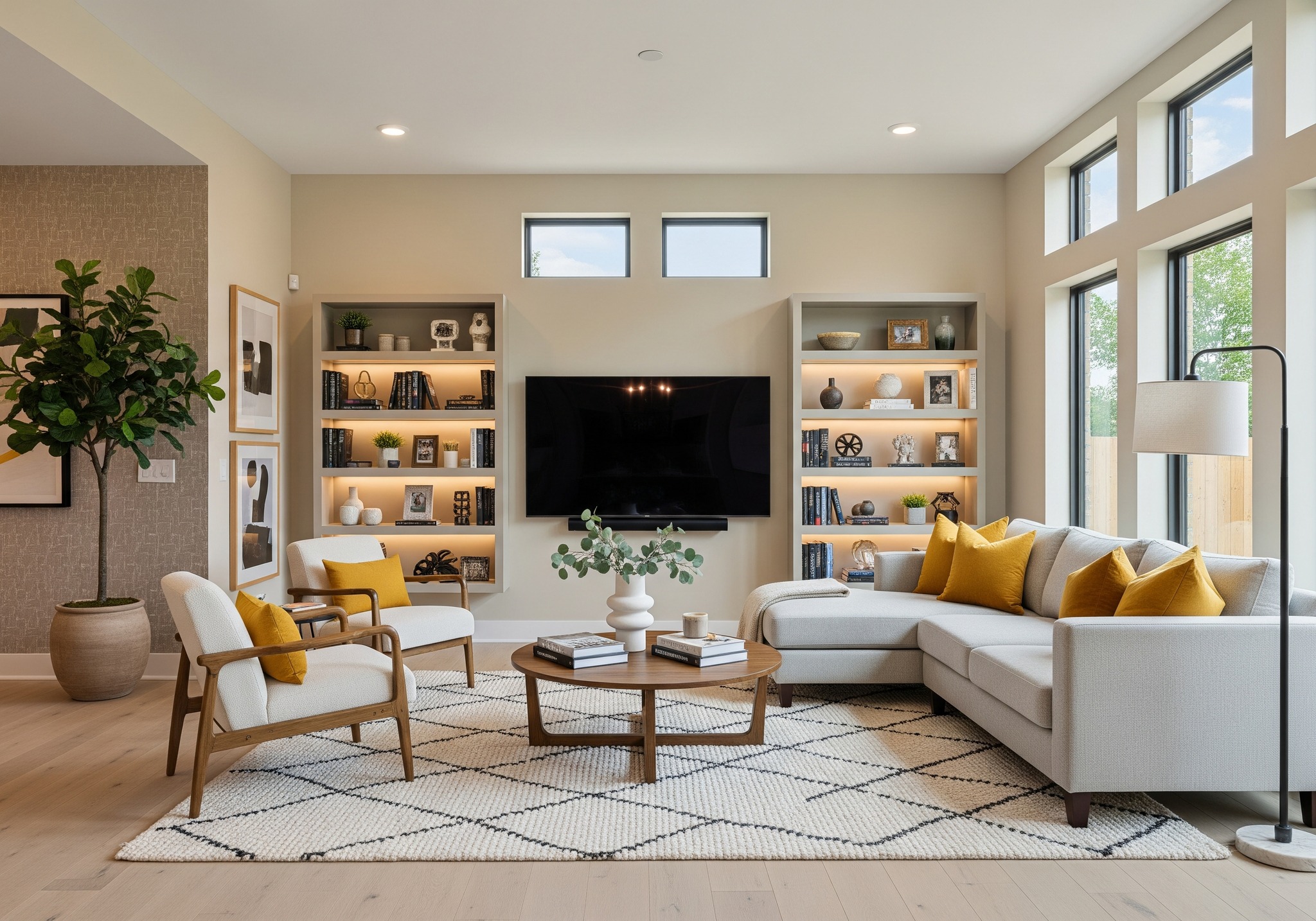 Modern living room with neutral tones, featuring a white sectional sofa with mustard pillows, wooden coffee table, large TV, two shelves, and tall windows.