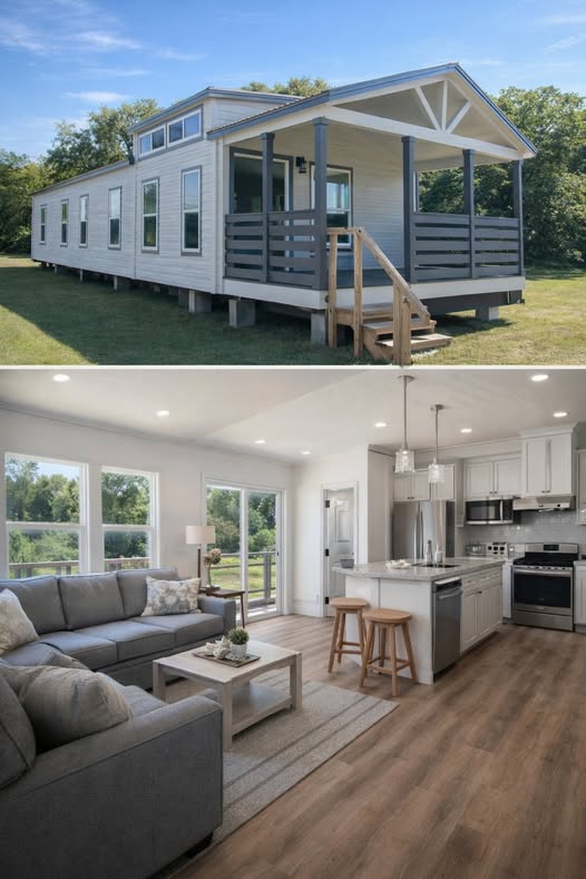 A modern tiny house with a covered porch sits on a grassy area. Inside, a bright living room features a gray sofa, a cozy kitchen, and natural wood floors.