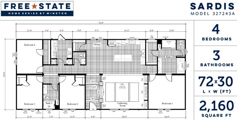 Floor plan of a house labeled "Sardis, Model 327243A" by Free State Home Series. Features 4 bedrooms, 3 bathrooms, 2,160 sq ft, with a large central gathering room.