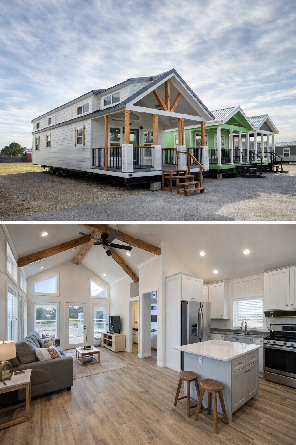Two images: The top shows a row of colorful tiny houses with wooden accents beneath a cloudy sky. The bottom reveals the cozy interior of one home, featuring a bright, airy living room with vaulted ceilings, exposed beams, and a modern kitchen with white cabinets and an island.