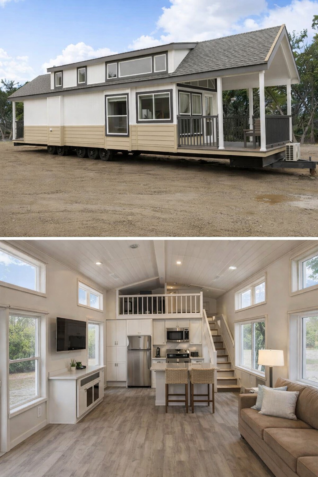 Modern tiny house interior with a spacious open-concept living area featuring a white kitchen with stainless steel appliances, a loft bedroom, a comfortable sofa, wood-look flooring, and large windows, alongside the exterior view of the white and tan tiny home on wheels with a covered porch.
