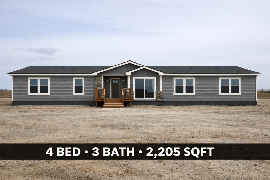 A modern, single-story gray house with white trim, featuring a central entrance and multiple windows. Text overlay reads: "4 Bed · 3 Bath · 2,205 SQFT."