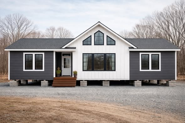 Modern modular home with dark gray siding and white central section, raised on concrete slabs. The front entrance has wooden steps and potted plants.