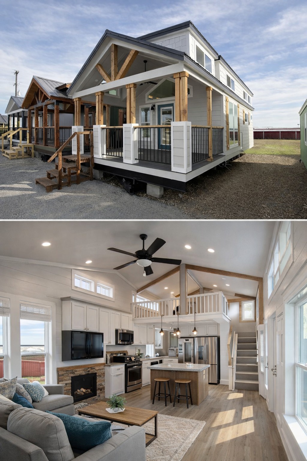 A modern tiny house with a gabled roof and wooden porch shown on gravel. Inside: bright open-plan living room, kitchen with loft, and cozy décor.