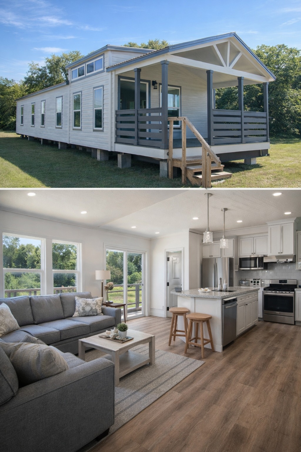 A modern tiny house features a wooden porch and elevated design on a green lawn. Inside, a cozy living space showcases a gray sofa, kitchen island, and sleek appliances, with large windows offering ample natural light.