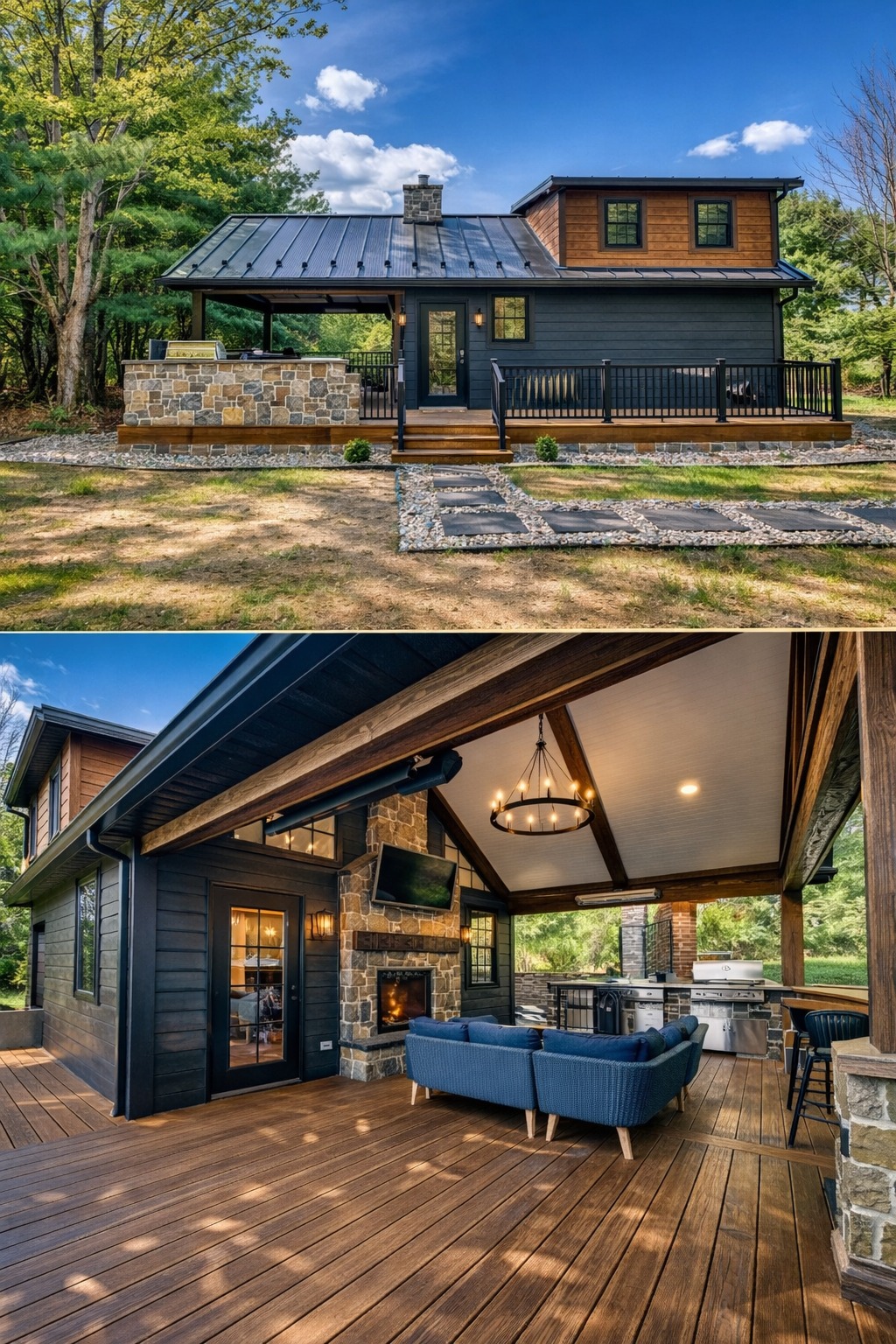 A modern cabin features a dark exterior with wooden trim, stone accents, and a welcoming porch. The cozy outdoor patio includes a seating area, fireplace, and grill under a wooden roof, evoking comfort and relaxation.