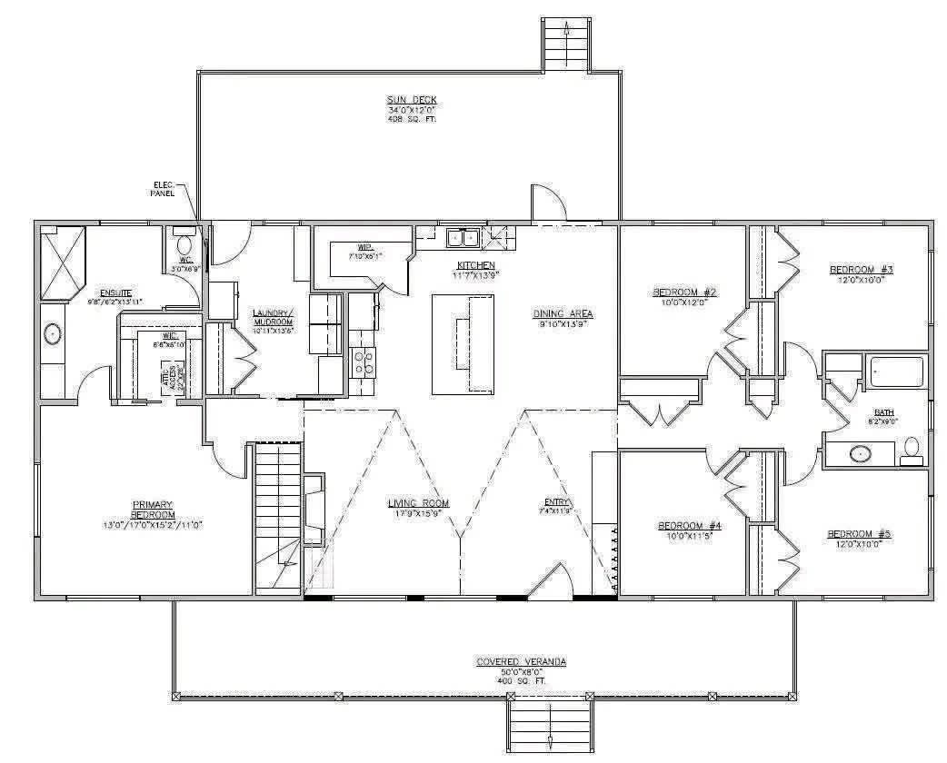 Floor plan of a house includes a sun deck, living room, kitchen, dining area, primary suite with ensuite, two additional bedrooms, and a bathroom.