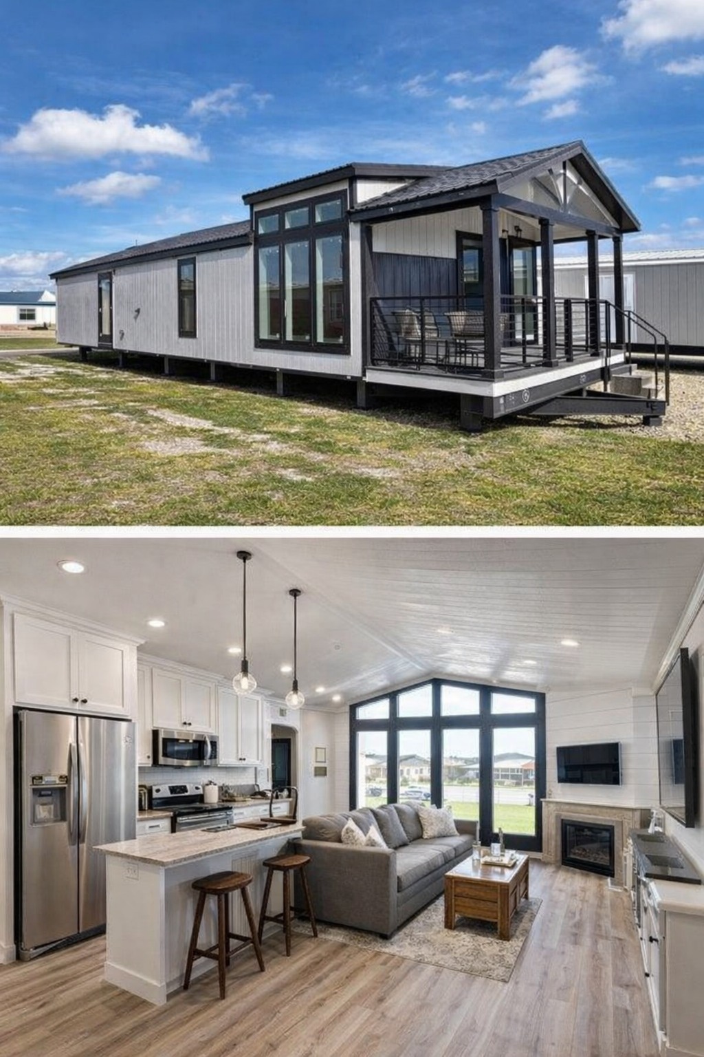 A sleek, modern tiny home with large windows and a porch sits on grass under a blue sky. The interior is open and bright, featuring a kitchen, living area with a sofa, and a fireplace, creating a cozy atmosphere.