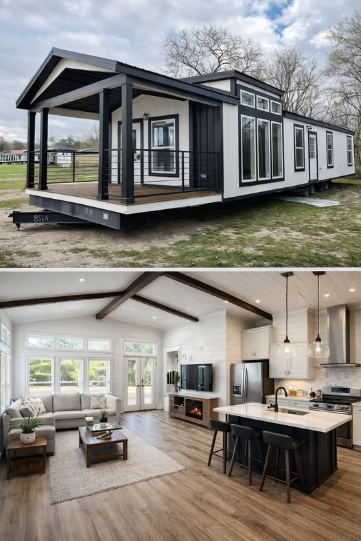 Modern tiny home with a black and white exterior. Inside, a cozy open-plan living area features a kitchen island, sofa, and large windows.