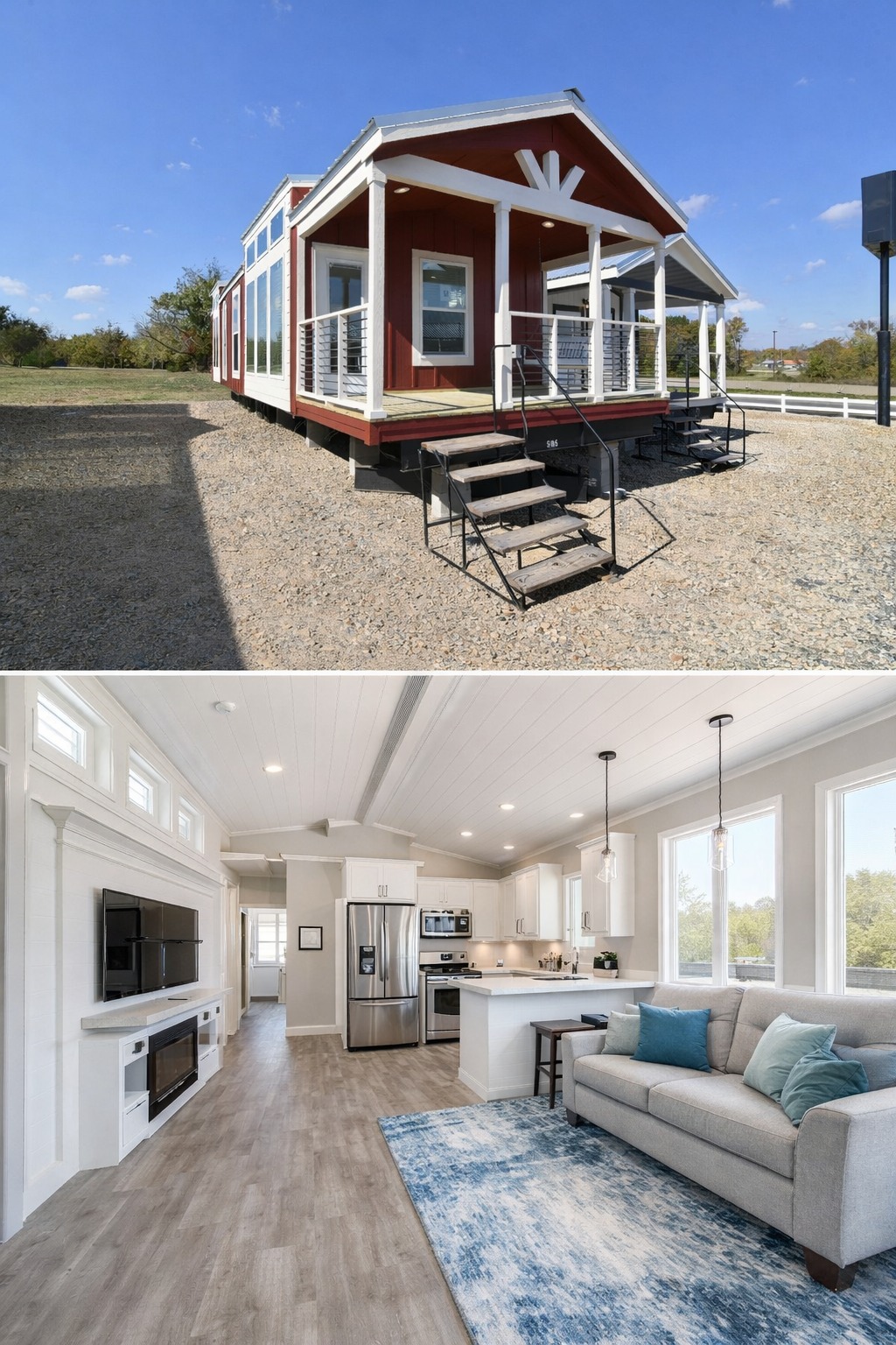 Red tiny house with a front porch on a gravel lot under clear skies. Interior features a modern living area with a kitchen, sofa, and TV. Cozy and inviting.