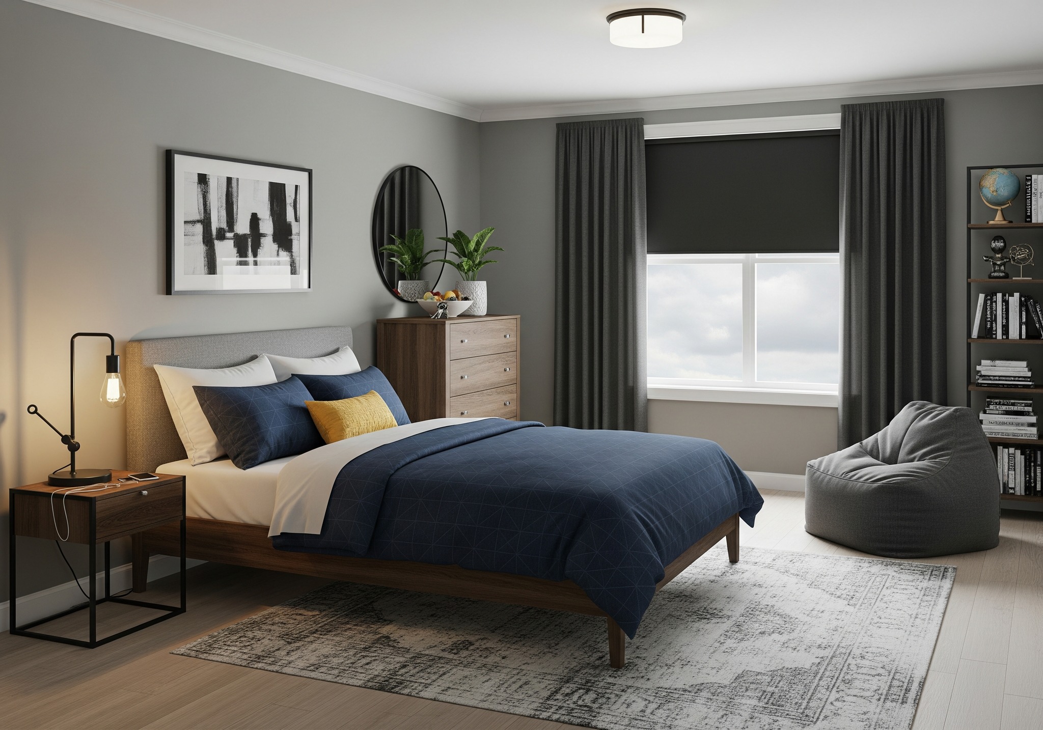 A modern bedroom with gray walls features a cozy bed with blue and white bedding. A wooden nightstand with a lamp and a potted plant sit to the left. A dresser with decor and a round mirror is in the corner. A large window with dark curtains centers the room, next to a bookshelf and gray beanbag chair. The ambiance is calm and inviting.